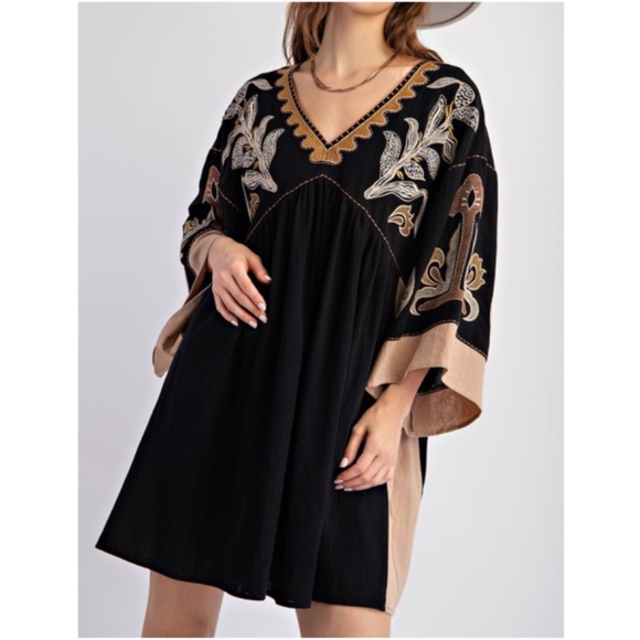 easel Dresses & Skirts - Easel Boho Cotton Floral Embroidered V neck Pockets Oversized Dress